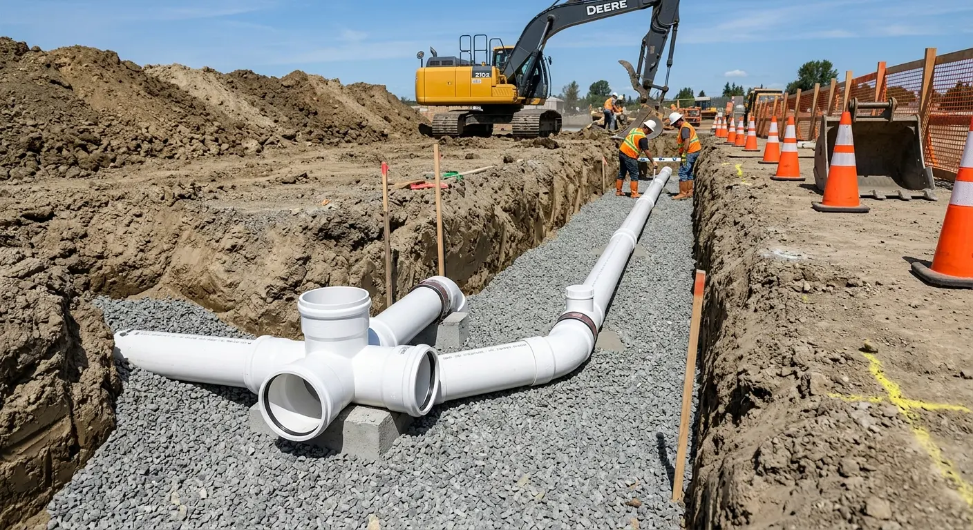 New PVC sewer pipe installation in open trench for Sewer Backup in Palmer Ranch