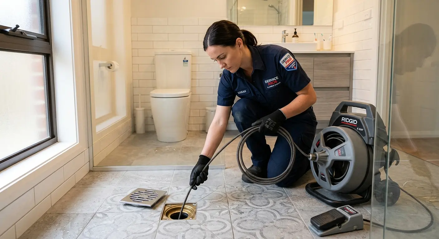Technician clearing a bathroom floor drain for Sewer Line Replacement in Palmer Ranch